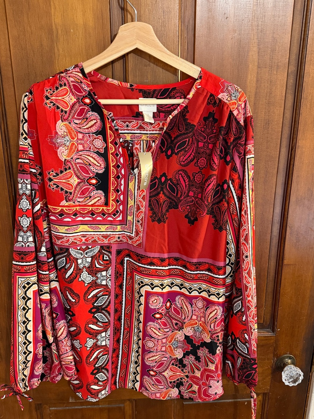 Chico’s Women's Red Paisley Patchwork Blouse 3 NWT